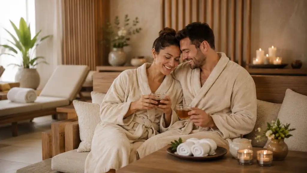 Planes de spa económicos para parejas en Bogotá con pareja relajada tomando té después de su sesión de spa