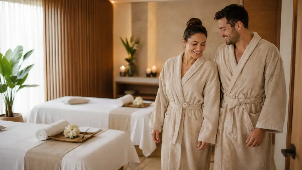 Planes de spa económicos para parejas en Bogotá con una pareja entrando a una sala de masaje cómoda y elegante