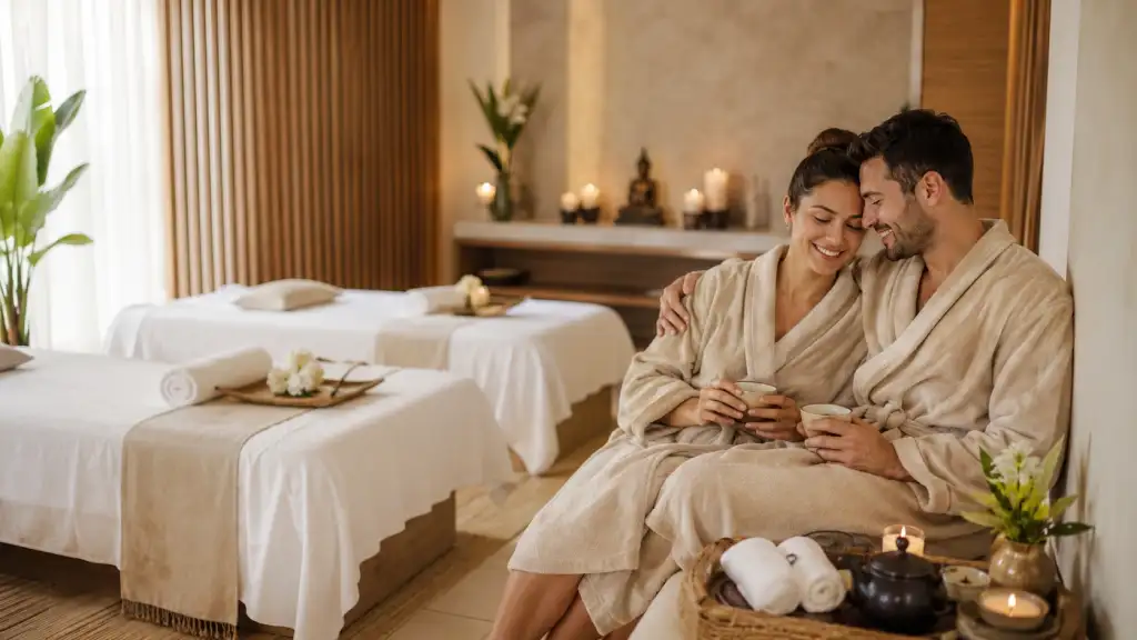 Planes de spa económicos para parejas en Bogotá en una sala relajante con velas, té y camillas preparadas