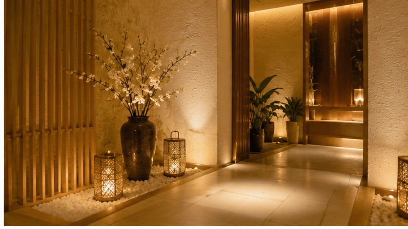 Hotel con spa cerca de mi ubicación con pasillo elegante, luces cálidas y decoración zen